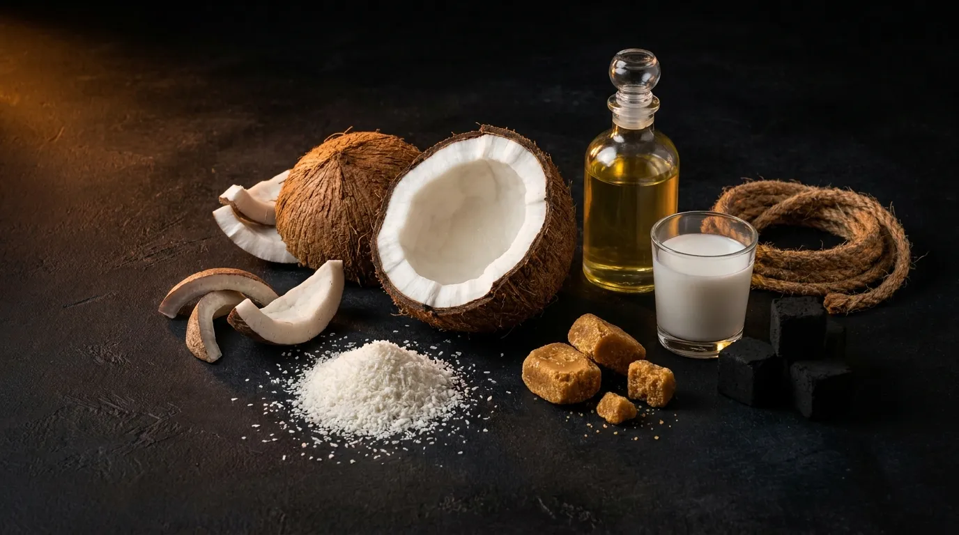 Coconut products: cracked coconut, copra, desiccated flakes, oil, milk, sugar, charcoal briquettes and coir rope